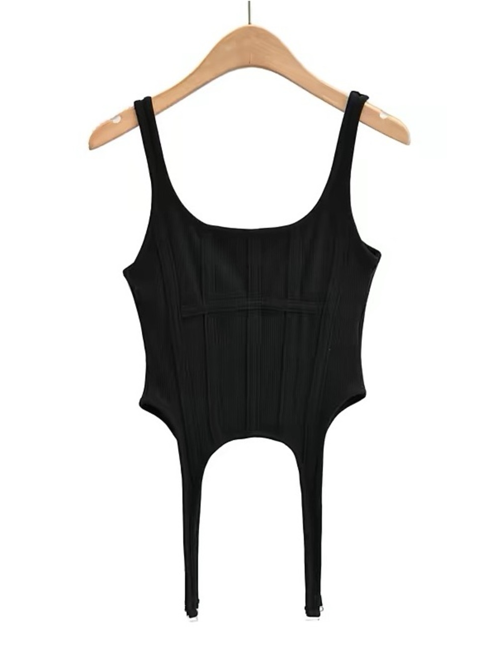 Black Ribbed One-Piece with Garter Straps